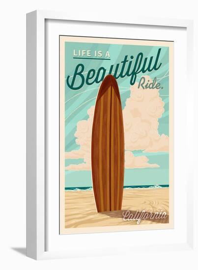 California - Life is a Beautiful Ride - Surfboard - Letterpress-Lantern Press-Framed Art Print