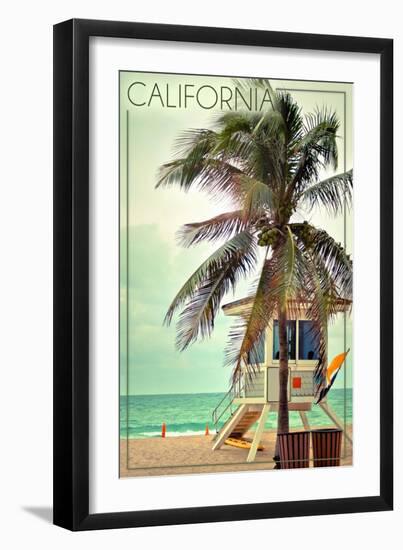 California - Lifeguard Shack and Palm-Lantern Press-Framed Art Print