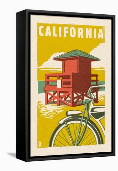 California - Lifeguard Tower Woodblock-Lantern Press-Framed Stretched Canvas