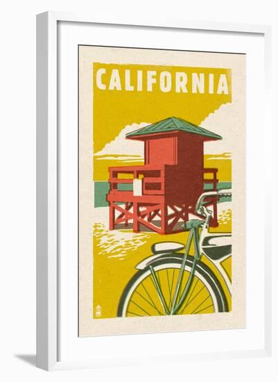 California - Lifeguard Tower Woodblock-Lantern Press-Framed Art Print