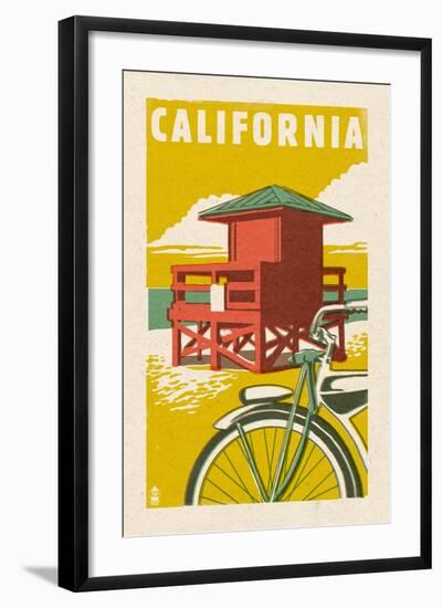 California - Lifeguard Tower Woodblock-Lantern Press-Framed Art Print