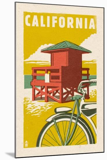 California - Lifeguard Tower Woodblock-Lantern Press-Mounted Art Print