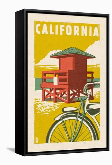 California - Lifeguard Tower Woodblock-Lantern Press-Framed Stretched Canvas