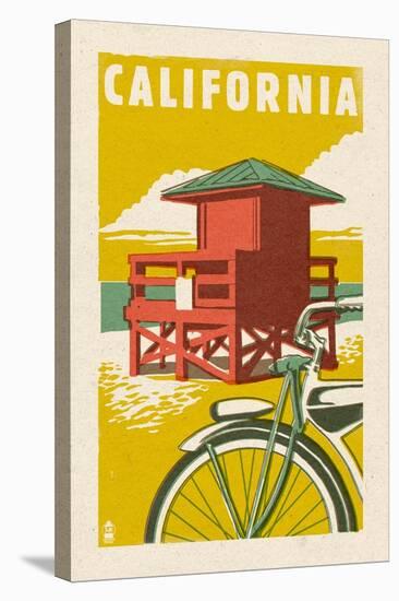 California - Lifeguard Tower Woodblock-Lantern Press-Stretched Canvas