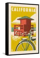 California - Lifeguard Tower Woodblock-Lantern Press-Framed Stretched Canvas