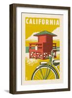 California - Lifeguard Tower Woodblock-Lantern Press-Framed Art Print