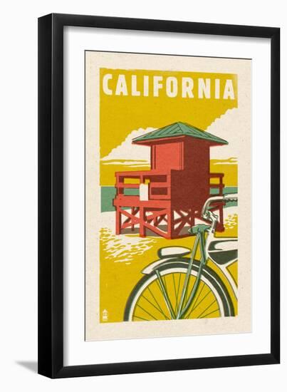 California - Lifeguard Tower Woodblock-Lantern Press-Framed Art Print