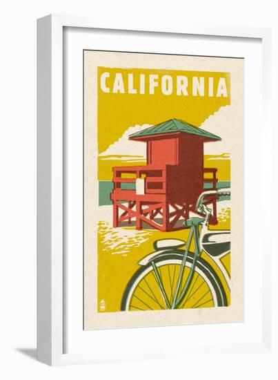 California - Lifeguard Tower Woodblock-Lantern Press-Framed Art Print