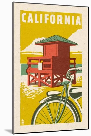 California - Lifeguard Tower Woodblock-Lantern Press-Mounted Art Print