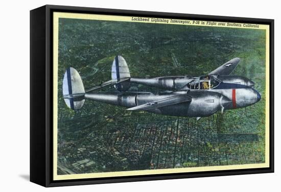 California - Lockheed Lightning Interceptor P-38 in Flight-Lantern Press-Framed Stretched Canvas