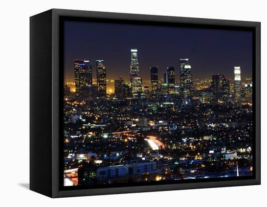 California, Los Angeles, City Lights and Downtown District Skyscrapers, USA-Christian Kober-Framed Stretched Canvas