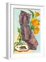 California Map with Bear and Poppies-null-Framed Art Print