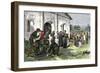 California Mission with Padres, Spanish Soldiers, and Native Americans-null-Framed Premium Giclee Print