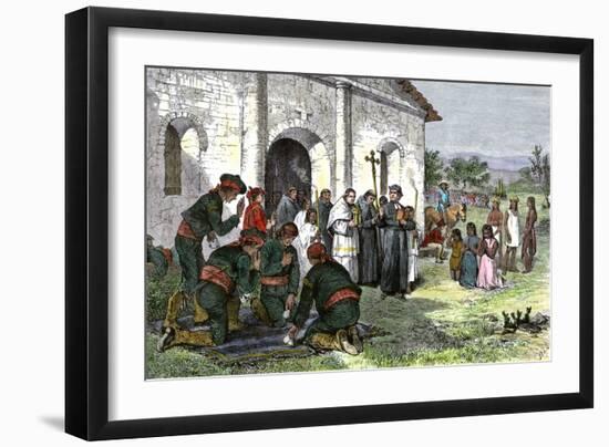 California Mission with Padres, Spanish Soldiers, and Native Americans-null-Framed Premium Giclee Print