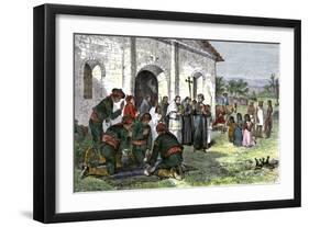 California Mission with Padres, Spanish Soldiers, and Native Americans-null-Framed Premium Giclee Print