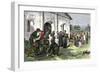 California Mission with Padres, Spanish Soldiers, and Native Americans-null-Framed Premium Giclee Print