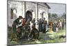California Mission with Padres, Spanish Soldiers, and Native Americans-null-Mounted Premium Giclee Print