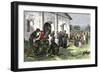 California Mission with Padres, Spanish Soldiers, and Native Americans-null-Framed Giclee Print