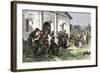 California Mission with Padres, Spanish Soldiers, and Native Americans-null-Framed Giclee Print