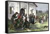 California Mission with Padres, Spanish Soldiers, and Native Americans-null-Framed Stretched Canvas