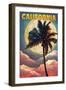 California - Palm and Moon-Lantern Press-Framed Art Print