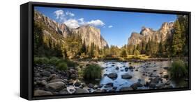 California, Panoramic View of Merced River, El Capitan, and Cathedral Rocks in Yosemite Valley-Ann Collins-Framed Stretched Canvas