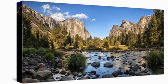 California, Panoramic View of Merced River, El Capitan, and Cathedral Rocks in Yosemite Valley-Ann Collins-Stretched Canvas