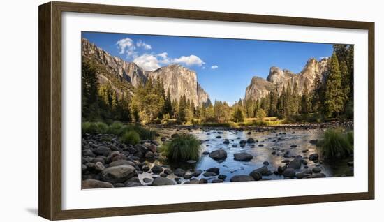 California, Panoramic View of Merced River, El Capitan, and Cathedral Rocks in Yosemite Valley-Ann Collins-Framed Photographic Print