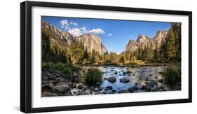 California, Panoramic View of Merced River, El Capitan, and Cathedral Rocks in Yosemite Valley-Ann Collins-Framed Photographic Print