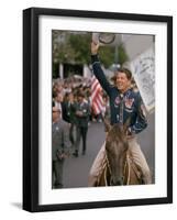 California Republican Gubernatorial Candidate Ronald Reagan in Cowboy Attire, Riding Horse Outside-Bill Ray-Framed Photographic Print