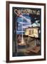 California - Retro Camper and Lake-Lantern Press-Framed Art Print