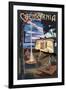 California - Retro Camper and Lake-Lantern Press-Framed Art Print