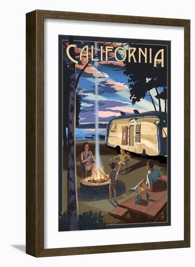 California - Retro Camper and Lake-Lantern Press-Framed Art Print