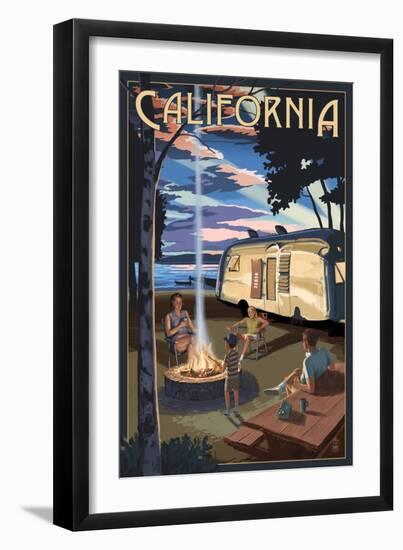 California - Retro Camper and Lake-Lantern Press-Framed Art Print