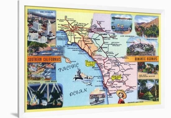 California - Roadmap of Southern CA Romantic Highways-Lantern Press-Framed Art Print