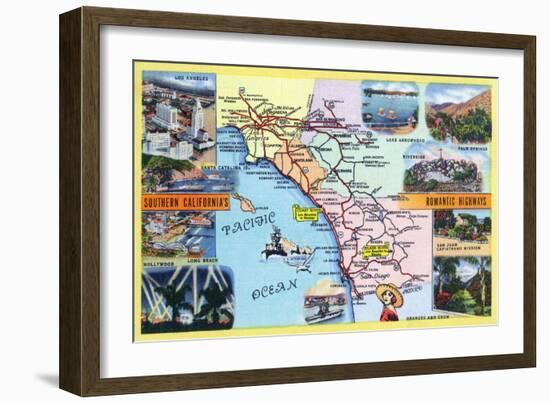 California - Roadmap of Southern CA Romantic Highways-Lantern Press-Framed Art Print