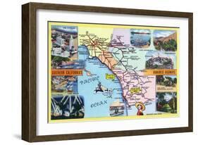 California - Roadmap of Southern CA Romantic Highways-Lantern Press-Framed Art Print