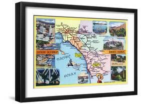 California - Roadmap of Southern CA Romantic Highways-Lantern Press-Framed Art Print