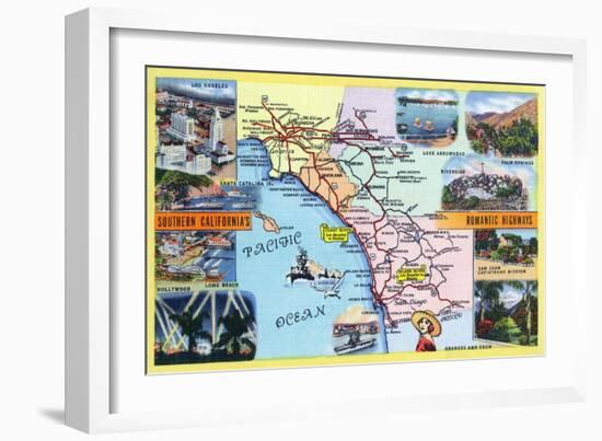 California - Roadmap of Southern CA Romantic Highways-Lantern Press-Framed Art Print