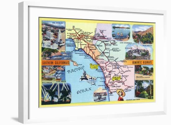 California - Roadmap of Southern CA Romantic Highways-Lantern Press-Framed Art Print