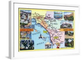 California - Roadmap of Southern CA Romantic Highways-Lantern Press-Framed Art Print