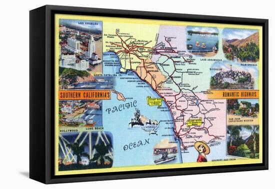 California - Roadmap of Southern CA Romantic Highways-Lantern Press-Framed Stretched Canvas