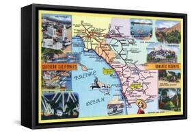 California - Roadmap of Southern CA Romantic Highways-Lantern Press-Framed Stretched Canvas