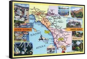 California - Roadmap of Southern CA Romantic Highways-Lantern Press-Framed Stretched Canvas
