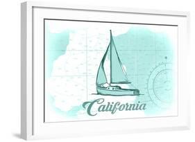 California - Sailboat - Teal - Coastal Icon-Lantern Press-Framed Art Print