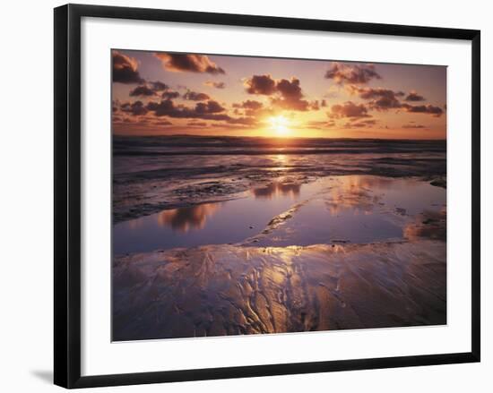 California, San Diego, Sunset Cliffs, Sunset Reflecting on a Beach-Christopher Talbot Frank-Framed Photographic Print