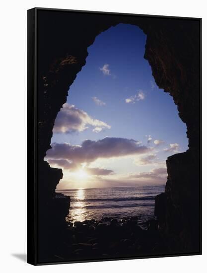 California, San Diego, Sunset Cliffs, Sunset Seen Through a Sea Cave-Christopher Talbot Frank-Framed Stretched Canvas