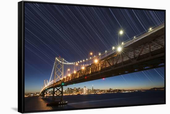 California, San Francisco. Composite of Star Trails Above Bay Bridge-Jaynes Gallery-Framed Stretched Canvas