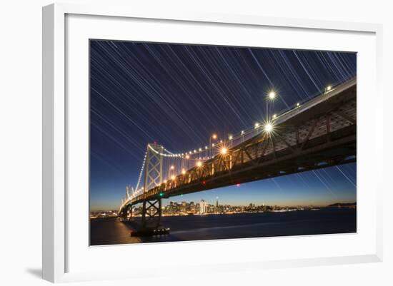 California, San Francisco. Composite of Star Trails Above Bay Bridge-Jaynes Gallery-Framed Photographic Print