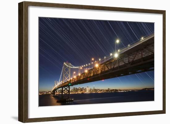 California, San Francisco. Composite of Star Trails Above Bay Bridge-Jaynes Gallery-Framed Photographic Print